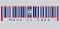 Barcode set the color of Guam flag, dark blue background with a thin red border and the Seal of Guam, text: Made in Guam.