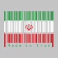 Barcode set the color of Iran flag, green white and red color with National Emblem and the Takbir written in the Kufic script