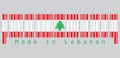 Barcode set the color of Lebanon flag, triband of red and white, charged with a green Lebanon Cedar. text: Made in Lebanon.