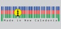 Barcode set the color of New Caledonia flag, blue red and green with a yellow disc fibrated black and defaced with a symbol. Royalty Free Stock Photo