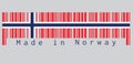 Barcode set the color of Norway flag, a white-fimbriated blue Nordic cross on a red field, text: Made in Norway.