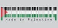 Barcode set the color of Palestine flag, a horizontal tricolor of black white and green; with a red triangle based at the hoist.