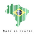 Barcode set the shape to Brazil map outline and the color of Brazil flag on white background with text: Made in Brazil.