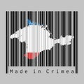 Barcode set the shape to Crimea map outline and the color of Crimea flag on black barcode with grey background