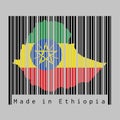 Barcode set the shape to Ethiopia map outline and the color of Ethiopia flag on black barcode with grey background