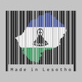 Barcode set the shape to Lesotho map outline and the color of Lesotho flag on black barcode with grey background