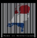 Barcode set the shape to Netherlands map outline on the grey barcode with black background, text: Made in Netherlands. Royalty Free Stock Photo
