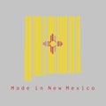 Barcode set the shape to New Mexico map outline and the color of New Mexico flag on grey background, text: Made in New Mexico