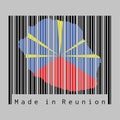 Barcode set the shape to reunion map outline and the color of reunion flag on black barcode with grey background Royalty Free Stock Photo