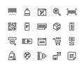 Barcodes line icons. Ticket with QR code and mobile application with price tags, product label and barcode scanner