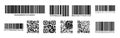 Barcodes. QR code product identification mark, price tag for laser scan, retail number code. Vector stripped barcode set