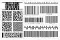 Barcodes and QR codes collection set. Black striped code for digital identification. Vector code information, QR, store