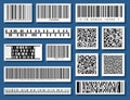 Barcodes and QR codes collection set. Black striped code for digital identification. Vector code information, QR, store
