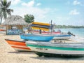 Barcos apilados en la playa de rincon del mar en el Caribe colombiano. San onofre, Sucre. Colombia Royalty Free Stock Photo