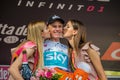 Bardonecchia, Italy 25 May 2018: Chris Froome, Sky Team, celebrates on the podium the victory Royalty Free Stock Photo