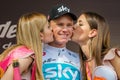 Bardonecchia, Italy 25 May 2018: Chris Froome, Sky Team, celebrates on the podium the victory Royalty Free Stock Photo