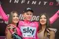 Bardonecchia, Italy 25 May 2018: Chris Froome, Sky Team, in pink jersey celebrates on the podium the victory Royalty Free Stock Photo