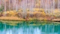 Bare autumn birch forest is reflected in water of calm blue lake Royalty Free Stock Photo