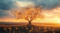 Bare autumn tree covered in glowing lights, sunset sky in the background Royalty Free Stock Photo