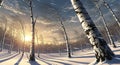 Bare birch trees in winter forest with snowfall and warm sunset light casting shadows Royalty Free Stock Photo