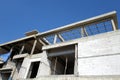 Bare brick block wall and concrete pillar structure of home under construction