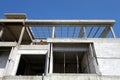 Bare brick block wall and concrete pillar structure of houses under construction