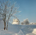 Bare bush with white orthodox church behind amidst snow Royalty Free Stock Photo