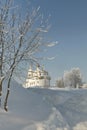 Bare bush with white orthodox church behind amidst snow Royalty Free Stock Photo