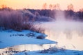 Bare bushes and river surface surrounded by light fog Royalty Free Stock Photo