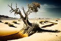 Bare dry tree on cracked earth. Climate change with desertification process. Generated AI