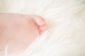 Bare feet of a cute newborn baby in warm white blanket. Childhood. Small bare feet of a little baby girl or boy.