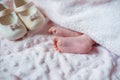 Bare feet of a cute newborn baby in warm white blanket. Childhood. Small bare feet of a little baby girl. Sleeping Royalty Free Stock Photo