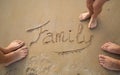 Bare feet of family, father, mother and child on sandy beach Royalty Free Stock Photo