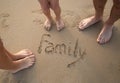 bare feet of family, father, mother and child on sandy beach. The inscription Family on the sand Royalty Free Stock Photo