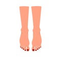 Bare feet after pedicure, spa treatment and skin care, woman legs, nails with red varnish, cartoon vector cosmetology