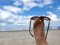 Bare feet raised up with colored sunglasses on the beach. Beautiful sea surf and blue sunny sky in background Royalty Free Stock Photo