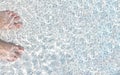 Bare feet stand at the bottom of the pool in clear azure water. Background, Panormama, Summer