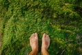 Bare feet stand on the ocean coast on top of green moist algae. Oceanic moss on rocks.