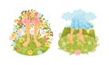 Bare Feet Walking Through the Field or Meadow Touching Soft Green Grass Vector Scene Set