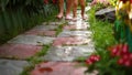 Bare feet walking on a wet trail