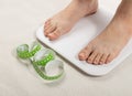 Bare feet on weight scale, overweight control, obese problem, lost weight concept