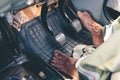 Bare foot on gas pedal. Taxi driver driving barefoot in Sri Lank