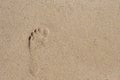 Bare foot print on white sand. Female barefoot print on beach sand.