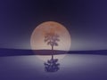 Bare mirrored leafless tree silhouette against orange full moon. Water, land, sky in blue. Sad gloomy mood.
