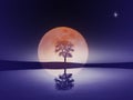 Bare mirrored leafless tree silhouette against orange full moon. Water, land, sky in blue. Sad gloomy mood. Royalty Free Stock Photo
