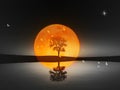 Bare mirrored leafless tree silhouette against orange full moon. Water, land, sky in blue. Sad gloomy mood. Royalty Free Stock Photo