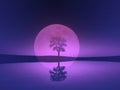 Bare mirrored leafless tree silhouette against purple full moon. Water, land, star, black sky. Sad gloomy mood. Royalty Free Stock Photo