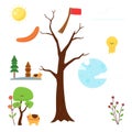 Bare tree with axe sun moon clouds trees flowers and cartoon animals on a white background Royalty Free Stock Photo