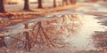 Bare tree branches reflecting in a puddle on an asphalt path during a warm winter sunset or sunrise Royalty Free Stock Photo