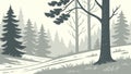 Bare Tree & Dense Pine Forest in Winter, vector design Generative AI Royalty Free Stock Photo